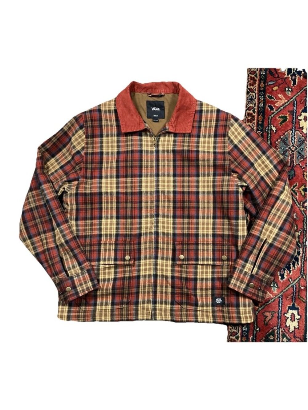 Vans Medium Shacket Flannel Full Zip Earthy Tone Corduroy Collar Rust Color